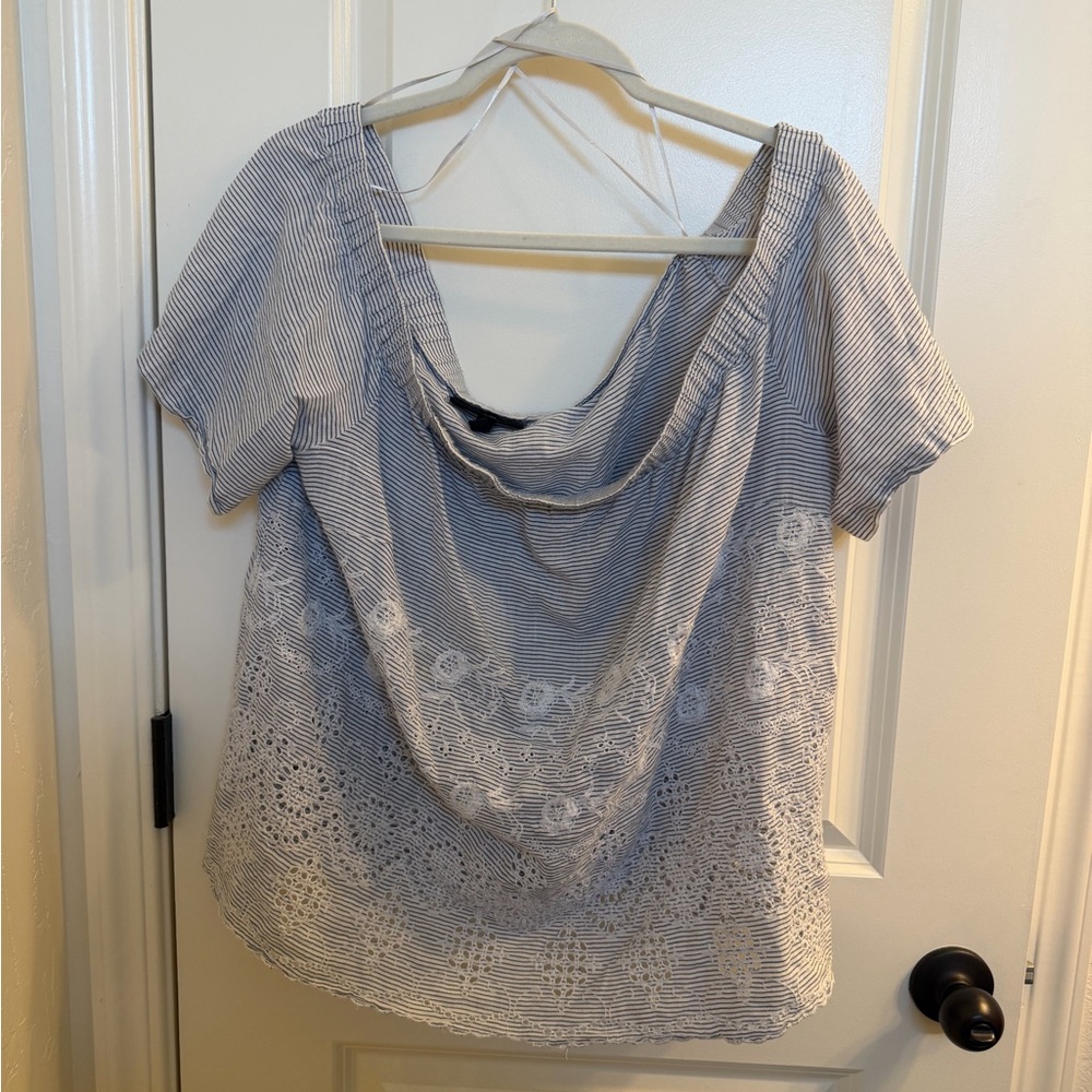 Lane Bryant Blue and White Striped Scoop Neck Embroidered Top